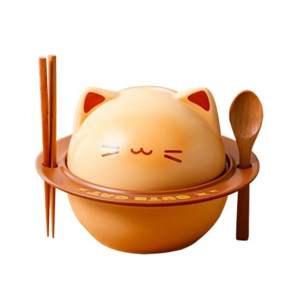Instant Noodle Bowl with Lid and Utensils Cute Creative Cartoon Cat Design Single-serve Bowl for Dormitory